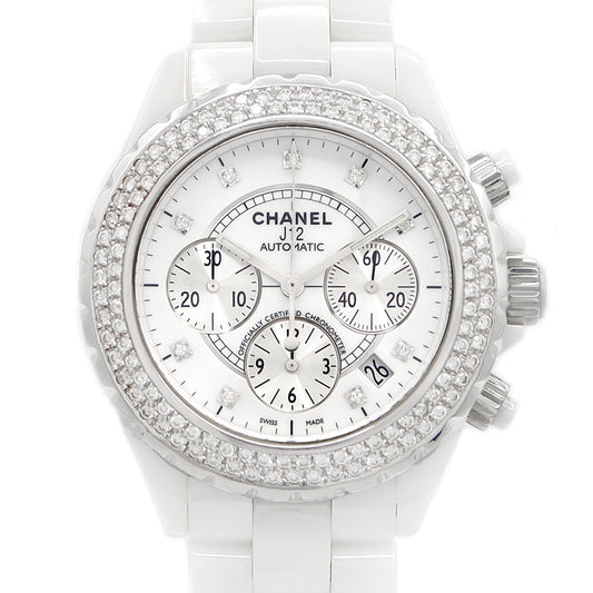 内部点検済 CHANEL シャネル J12 41mm クロノグラフ H2009 デイト 純正9Pダイヤ 2重ダイヤベゼル 白 ホワイト CE セラミック SS ステンレス アフターダイヤモンド メンズ 自動巻き【6ヶ月保証】【腕時計】【中古】