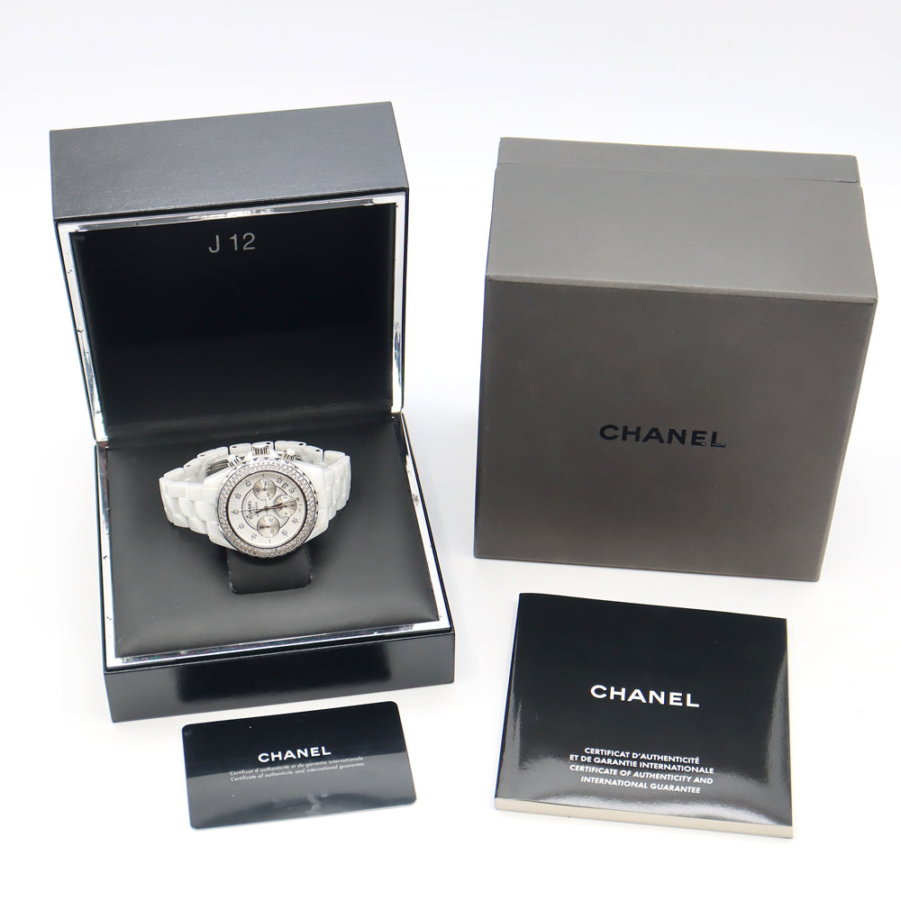 内部点検済 CHANEL シャネル J12 41mm クロノグラフ H2009 デイト 純正9Pダイヤ 2重ダイヤベゼル 白 ホワイト CE セラミック SS ステンレス アフターダイヤモンド メンズ 自動巻き【6ヶ月保証】【腕時計】【中古】