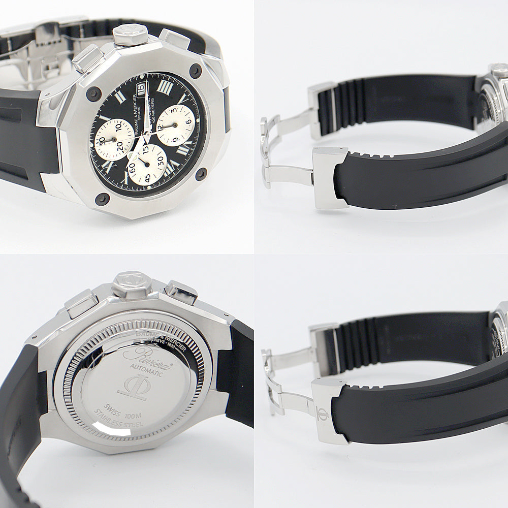 BAUME＆MERCIER ボーム&メルシェ リビエラ クロノグラフ MOA08594 デイト 100m防水 黒 ブラック SS ステンレス 純正ベルト 純正尾錠 メンズ 自動巻き リヴィエラ【6ヶ月保証】【腕時計】【中古】