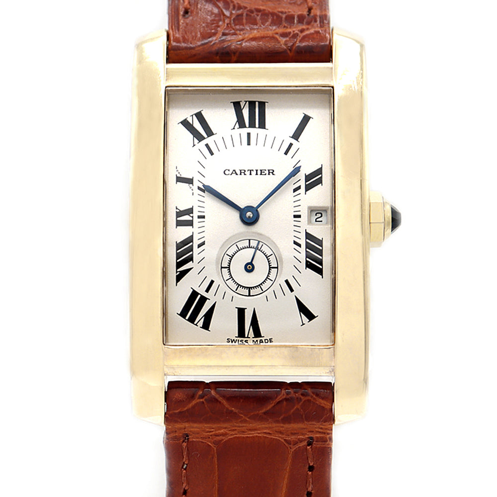 電池交換済 Cartier カルティエ タンクアメリカンMM スモールセコンド W2600951 デイト 白 ホワイト K18YG イエローゴールド 純正ベルト 純正K18尾錠 メンズ クォーツ【6ヶ月保証】【腕時計】【中古】