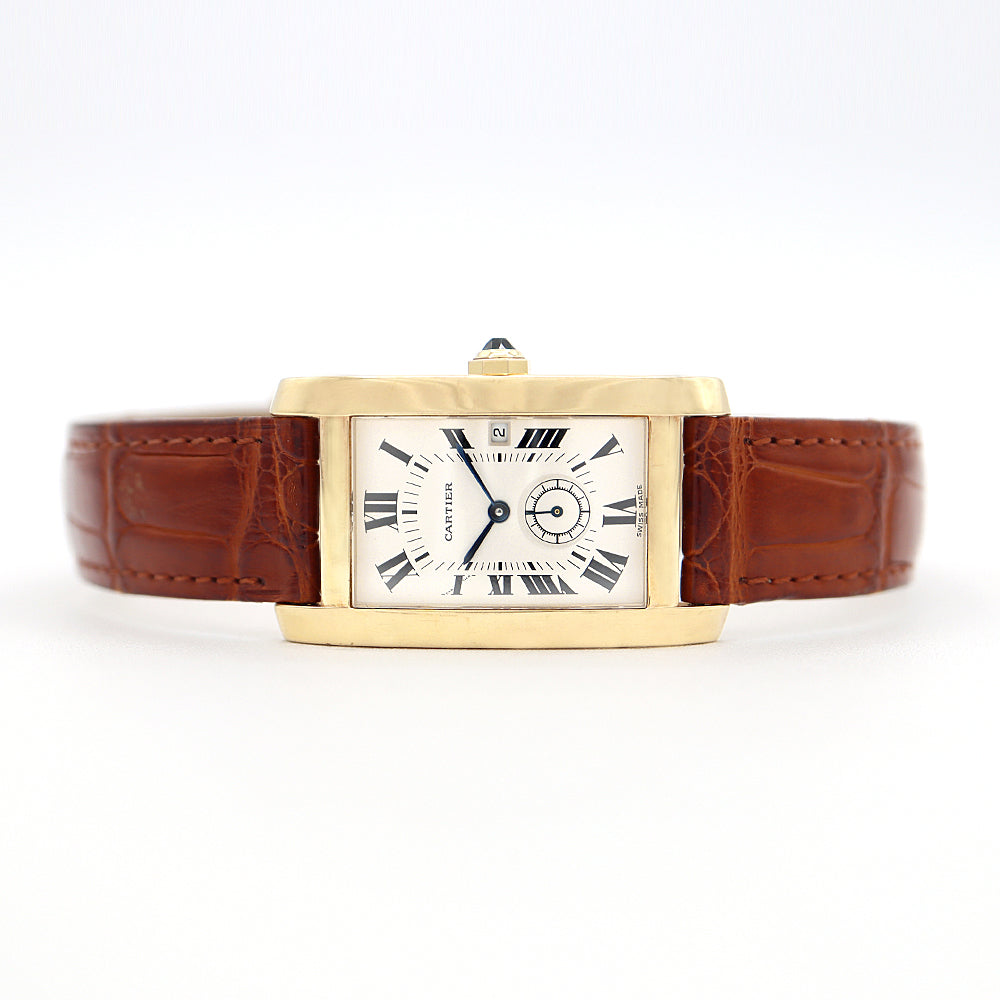 電池交換済 Cartier カルティエ タンクアメリカンMM スモールセコンド W2600951 デイト 白 ホワイト K18YG イエローゴールド 純正ベルト 純正K18尾錠 メンズ クォーツ【6ヶ月保証】【腕時計】【中古】