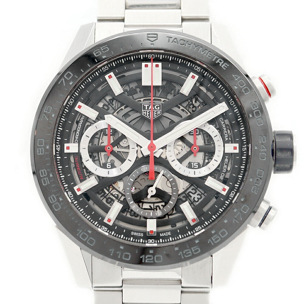 内部点検済 TAG Heuer タグホイヤー カレラ キャリバー ホイヤー02 クロノグラフ CBG2A10 BA0654 スモールセコンド 100m防水 裏スケ デイト 黒 ブラック スケルトン SS ステンレス メンズ 自動巻き【6ヶ月保証】【腕時計】【中古】