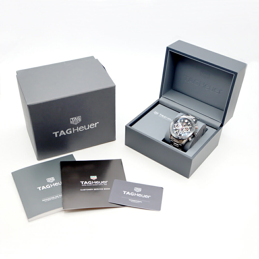 内部点検済 TAG Heuer タグホイヤー カレラ キャリバー ホイヤー02 クロノグラフ CBG2A10 BA0654 スモールセコンド 100m防水 裏スケ デイト 黒 ブラック スケルトン SS ステンレス メンズ 自動巻き【6ヶ月保証】【腕時計】【中古】