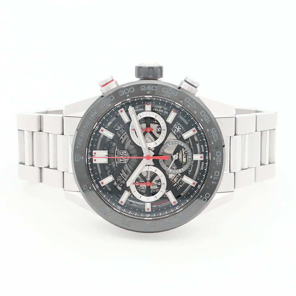 内部点検済 TAG Heuer タグホイヤー カレラ キャリバー ホイヤー02 クロノグラフ CBG2A10 BA0654 スモールセコンド 100m防水 裏スケ デイト 黒 ブラック スケルトン SS ステンレス メンズ 自動巻き【6ヶ月保証】【腕時計】【中古】