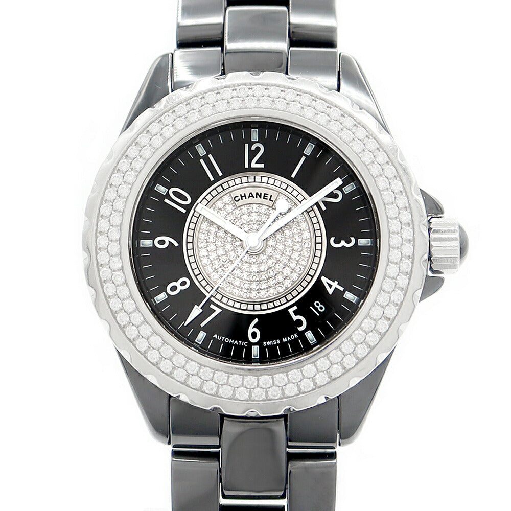 内部点検済 CHANEL シャネル J12 38mm 2重ダイヤベゼル H1709 純正ダイヤモンド パヴェダイヤ デイト 200m防水 黒 ブラック セラミック SS ステンレス メンズ 自動巻き【6ヶ月保証】【腕時計】【中古】