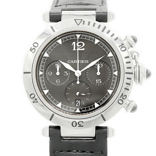 Cartier カルティエ パシャ N950 クロノグラフ W3105155 デイト 100m防水 裏スケ グレー ギョーシェ PT プラチナ SS ステンレス 純正ベルト 純正Dバックル尾錠 メンズ 自動巻き【6ヶ月保証】【腕時計】【中古】