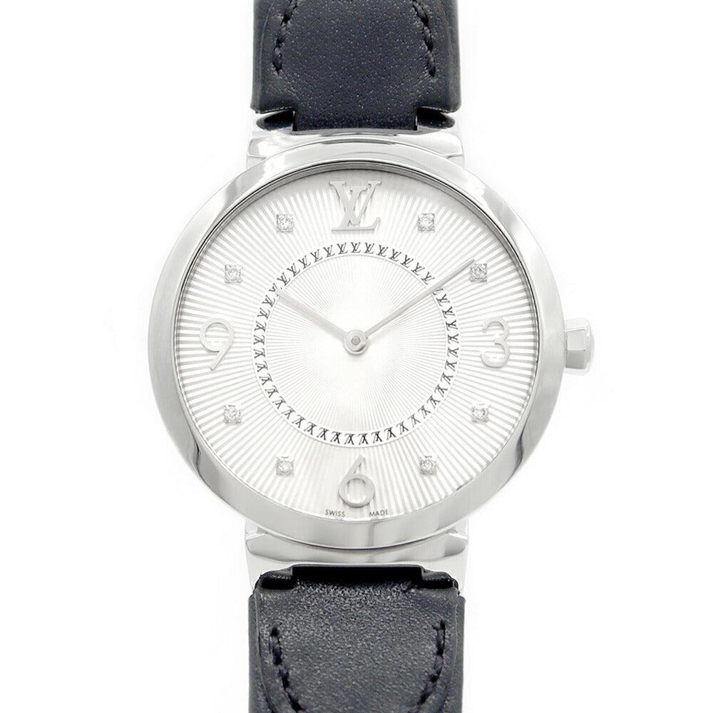 電池交換済 LOUIS VUITTON ルイヴィトン タンブール スリム MM モノグラム Q13MJ 8Pダイヤ ダイヤモンド 50m防水 シルバー SS ステンレス 純正ベルト 純正尾錠 レディース クォーツ【6ヶ月保証】【腕時計】【中古】