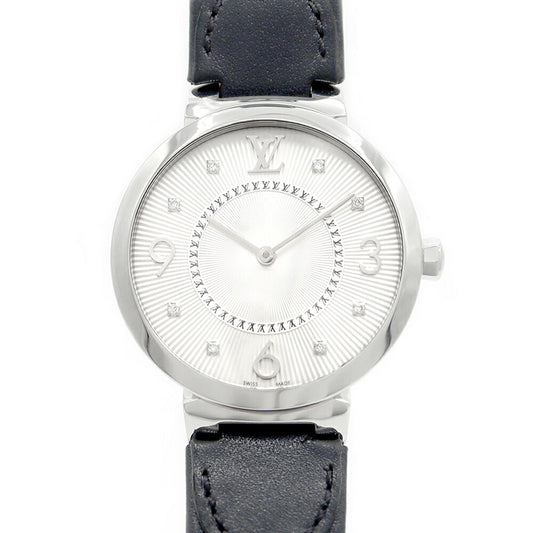 電池交換済 LOUIS VUITTON ルイヴィトン タンブール スリム MM モノグラム Q13MJ 8Pダイヤ ダイヤモンド 50m防水 シルバー SS ステンレス 純正ベルト 純正尾錠 レディース クォーツ【6ヶ月保証】【腕時計】【中古】