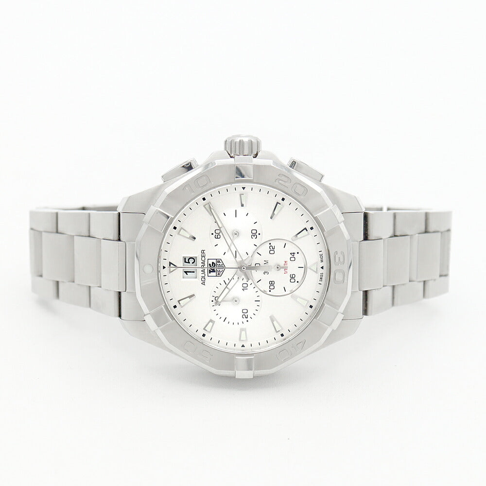電池交換済 TAG Heuer タグホイヤー アクアレーサー クロノグラフ CAY1111 BA0927 ビッグデイト 300m防水 シルバー SS ステンレス メンズ クォーツ【6ヶ月保証】【腕時計】【中古】