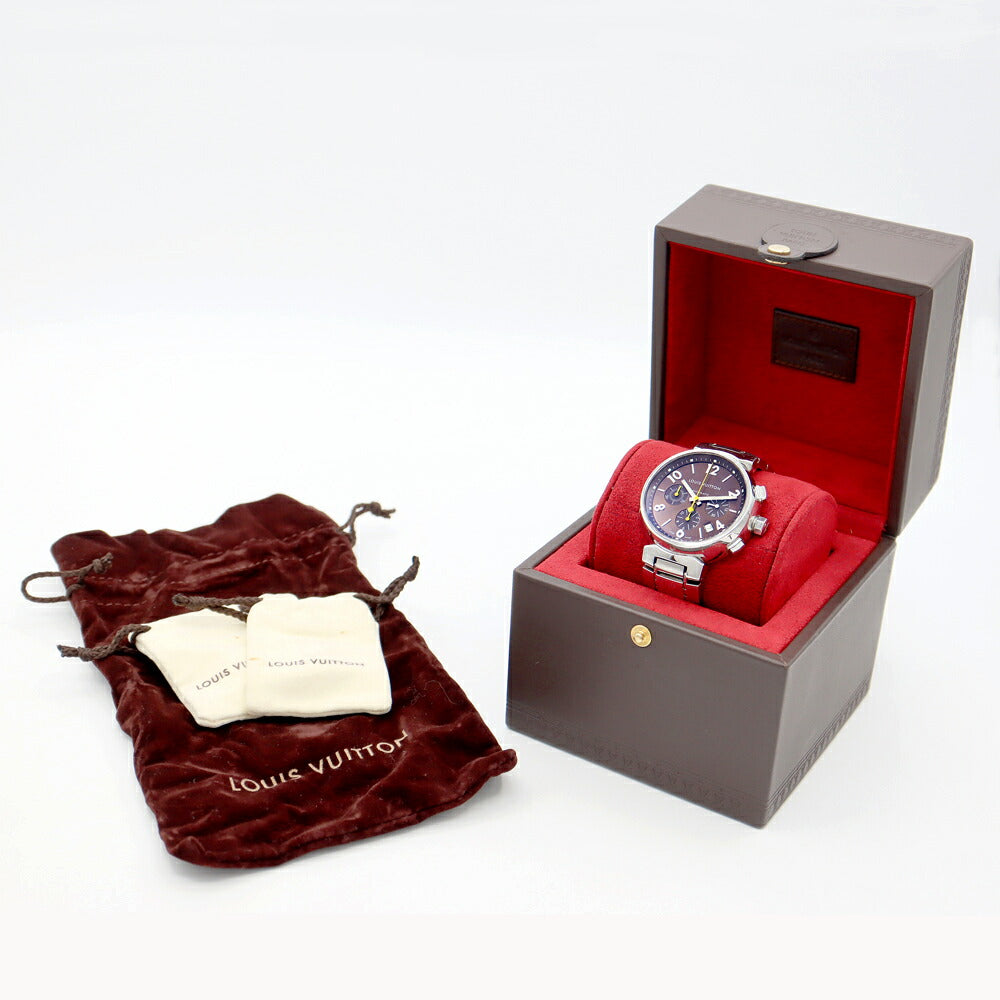 LOUIS VUITTON ルイヴィトン タンブール クロノグラフ Q1121 デイト 100m防水 スモールセコンド 茶 ブラウン SS ステンレス メンズ 自動巻き【6ヶ月保証】【腕時計】【中古】