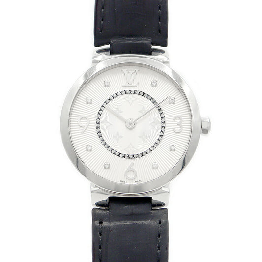 電池交換済 LOUIS VUITTON ルイヴィトン タンブール スリムMM Q13MJ B ダイヤモンド 8Pダイヤ 50m防水 シルバー SS ステンレス 純正ベルト 純正尾錠 レディース クォーツ【6ヶ月保証】【腕時計】【中古】