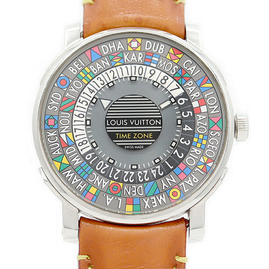 Internally inspected LOUIS VUITTON Escal Time Zone Q5D200 50m waterproof gray SS stainless steel genuine belt genuine buckle buckle men's automatic winding [6 months warranty] [watch] [used]