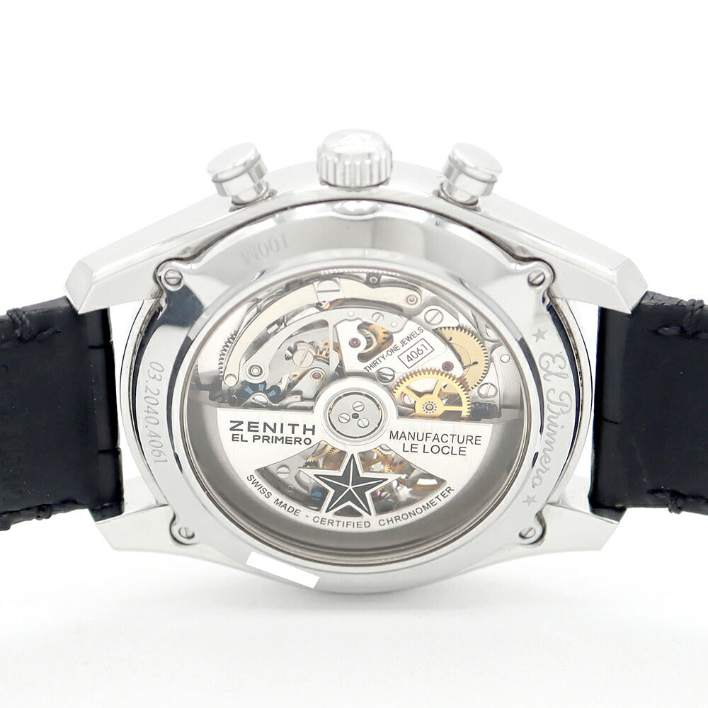 内部点検済 ZENITH ゼニス エル プリメロ クロノマスター オープン 1969 03.2040.4061 69.C496 クロノグラフ 100m防水 スモールセコンド 裏スケ シルバー SS ステンレス 純正ベルト 純正バックル尾錠 メンズ 自動巻き【6ヶ月保証】【腕時計】【中古】