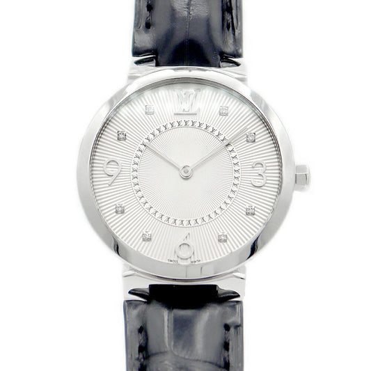 Battery replaced LOUIS VUITTON Tambour Slim MM 8P Diamond Q13MJ Diamond 50m Water Resistant Monogram Silver Guilloche SS Stainless Steel Genuine Belt Genuine Buckle Buckle Women's Quartz [6 Month Warranty] [Watch] [Used]
