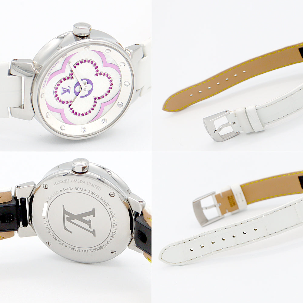 電池交換済 LOUIS VUITTON ルイヴィトン タンブール ムーンディヴァインPMリラ QA160 阪急梅田限定70本 純正ピンクサファイア ホワイト シェル SS ステンレス 純正ベルト 純正尾錠 レディース クォーツ【6ヶ月保証】【腕時計】【中古】