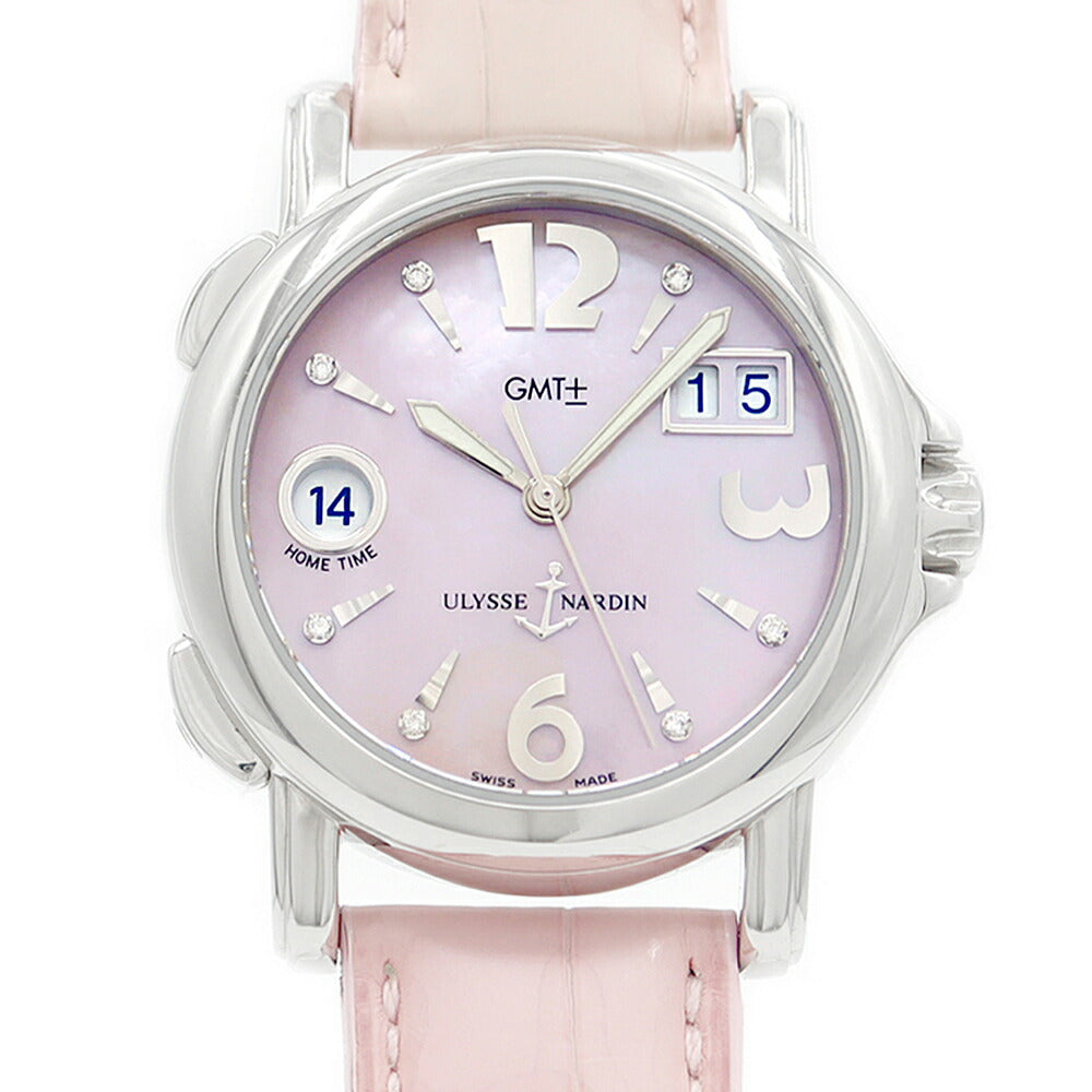 ULYSSE NARDIN ユリスナルダン サンマルコ GMT 223-22 696 ダイヤモンド 7Pダイヤ ビッグデイト 100m防水 ピンクシェル SS ステンレス 純正ベルト 純正尾錠 メンズ レディース ボーイズ 自動巻き【6ヶ月保証】【腕時計】【中古】