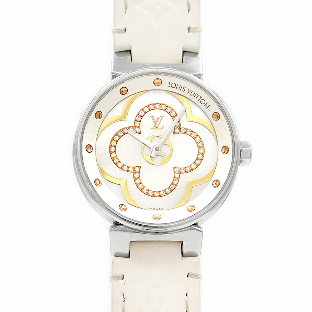 電池交換済 LOUIS VUITTON ルイヴィトン タンブール ムーンディヴァイン PM QA017Z 純正ダイヤモンド 白 ホワイトシェル SS ステンレス 純正ベルト 純正尾錠 レディース クォーツ【6ヶ月保証】【腕時計】【中古】