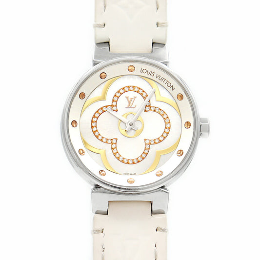 電池交換済 LOUIS VUITTON ルイヴィトン タンブール ムーンディヴァイン PM QA017Z 純正ダイヤモンド 白 ホワイトシェル SS ステンレス 純正ベルト 純正尾錠 レディース クォーツ【6ヶ月保証】【腕時計】【中古】