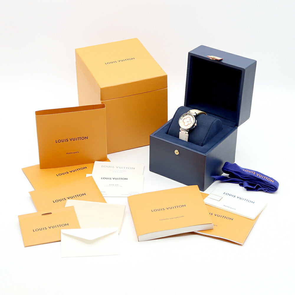 電池交換済 LOUIS VUITTON ルイヴィトン タンブール ムーンディヴァイン PM QA017Z 純正ダイヤモンド 白 ホワイトシェル SS ステンレス 純正ベルト 純正尾錠 レディース クォーツ【6ヶ月保証】【腕時計】【中古】