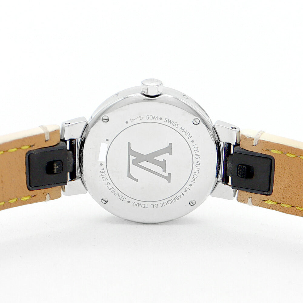 電池交換済 LOUIS VUITTON ルイヴィトン タンブール ムーンディヴァイン PM QA017Z 純正ダイヤモンド 白 ホワイトシェル SS ステンレス 純正ベルト 純正尾錠 レディース クォーツ【6ヶ月保証】【腕時計】【中古】