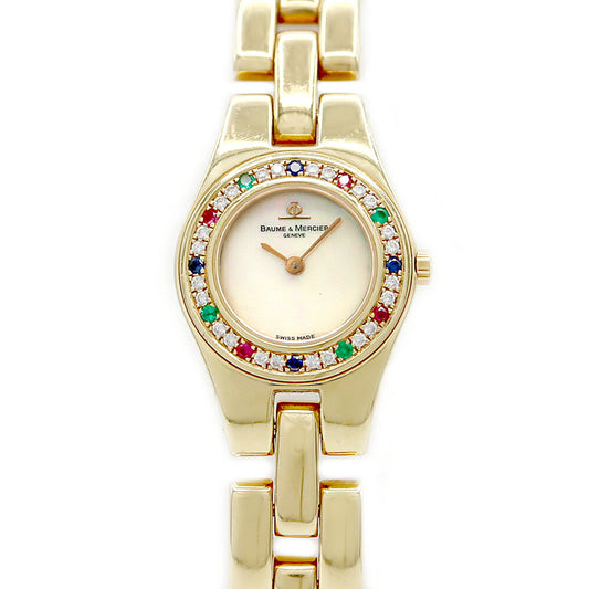 Battery replaced BAUME & MERCIER Linea Diamond Bezel MV045153 Diamond Solid Gold White White Shell K18YG Yellow Gold Ladies Quartz [6 Month Warranty] [Watch] [Used]