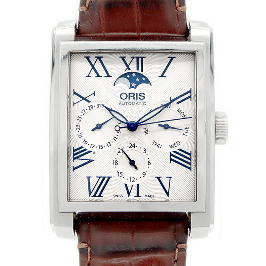 Internally inspected ORIS Rectangular Moon Phase 7658 Day Date Small Second Back Skelton White White SS Stainless Steel Genuine Belt Genuine Buckle Men's Automatic Winding [6 Month Warranty] [Watch] [Used]