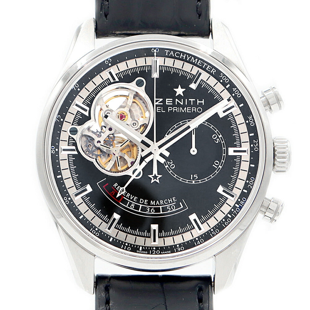 内部点検済 ZENITH ゼニス エルプリメロ クロノマスター オープン パワーリザーブ クロノグラフ 03.2080.4021 スモールセコンド 黒 ブラック SS ステンレス 純正ベルト 純正尾錠 メンズ 自動巻き【6ヶ月保証】【腕時計】【中古】