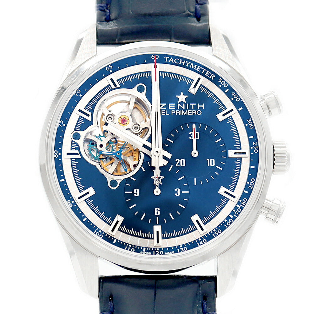 ZENITH ゼニス クロノマスター エルプリメロ オープン シャルルベルモ トリビュート 03.20416.4061 51.C700 クロノグラフ 裏スケ ブルー SS ステンレス 純正ベルト 純正バックル尾錠 メンズ 自動巻き【6ヶ月保証】【腕時計】【中古】