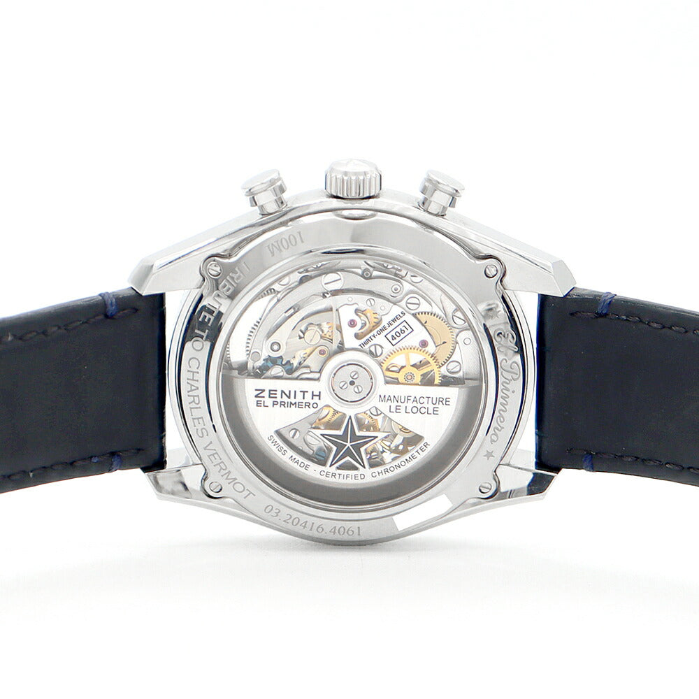 ZENITH ゼニス クロノマスター エルプリメロ オープン シャルルベルモ トリビュート 03.20416.4061 51.C700 クロノグラフ 裏スケ ブルー SS ステンレス 純正ベルト 純正バックル尾錠 メンズ 自動巻き【6ヶ月保証】【腕時計】【中古】