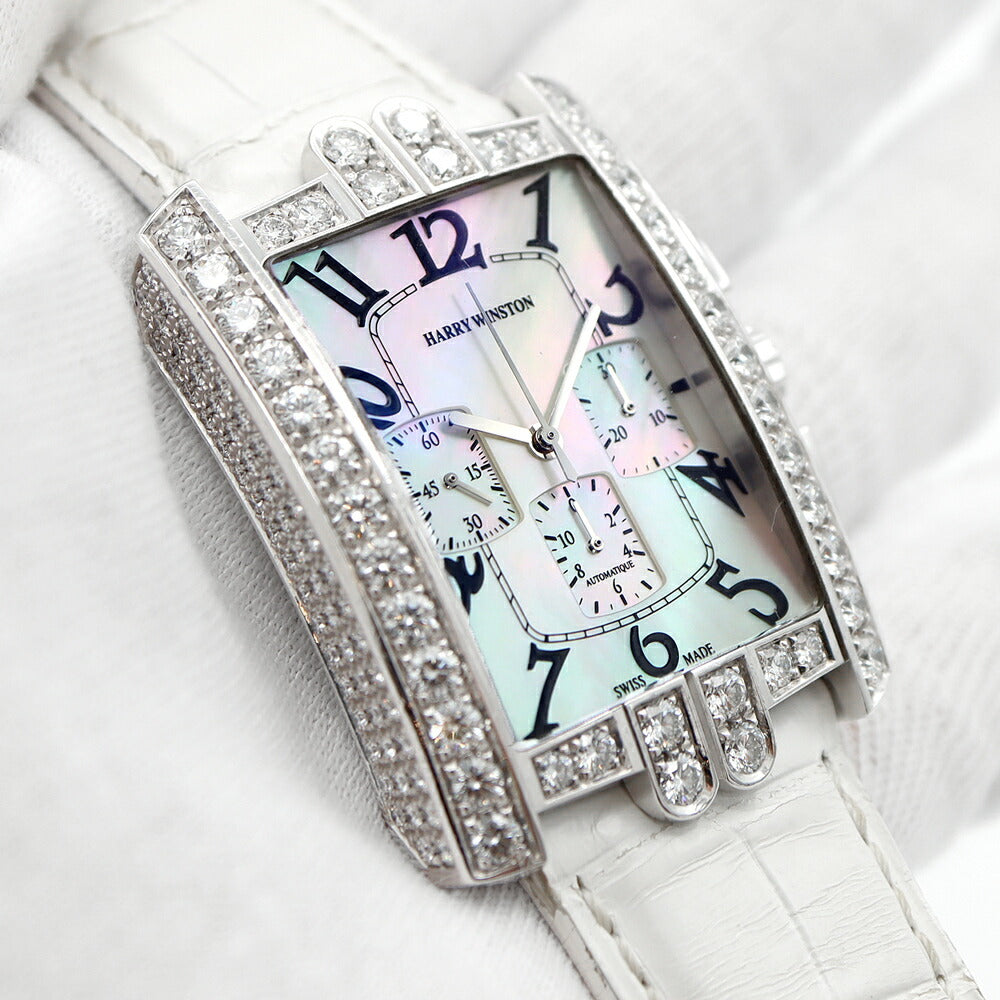 内部点検済 HARRY WINSTON ハリーウィンストン アヴェニューC クロノグラフ 純正ダイヤベゼル 330/MCA AVCACH32WW006 ダイヤモンド 白 ホワイトシェル K18WG ホワイトゴールド 純正ベルト 純正ダイヤ尾錠 メンズ 自動巻き【6ヶ月保証】【腕時計】【中古】