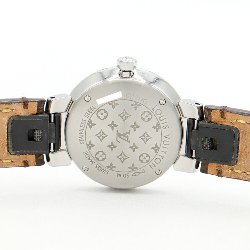 電池交換済 LOUIS VUITTON ルイヴィトン タンブール スリム Q12MG ダイヤモンド 8Pダイヤ 50m防水 シルバー モノグラム SS ステンレス 純正ベルト 純正尾錠 レディース クォーツ【6ヶ月保証】【腕時計】【中古】