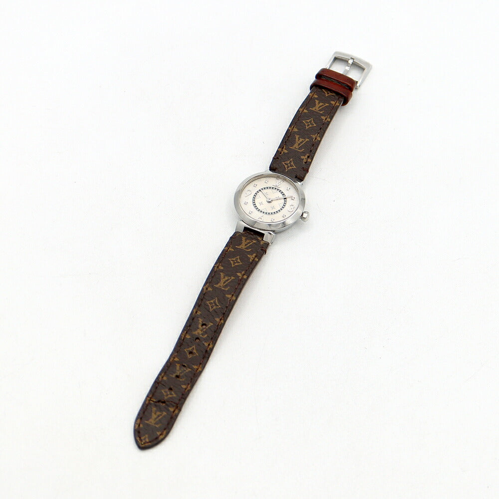 電池交換済 LOUIS VUITTON ルイヴィトン タンブール スリム Q12MG ダイヤモンド 8Pダイヤ 50m防水 シルバー モノグラム SS ステンレス 純正ベルト 純正尾錠 レディース クォーツ【6ヶ月保証】【腕時計】【中古】