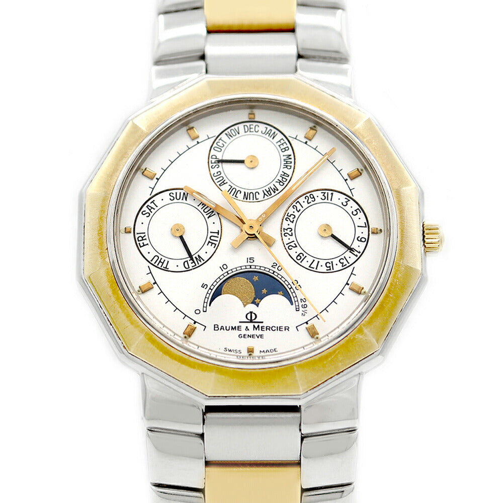 電池交換済 BAUME&MERCIER ボーム&メルシェ リビエラ 6131.038 ムーンフェイズ トリプルカレンダー 白 ホワイト SS ステンレス YGP イエローゴールド コンビ メンズ クォーツ リヴィエラ【6ヶ月保証】【腕時計】【中古】