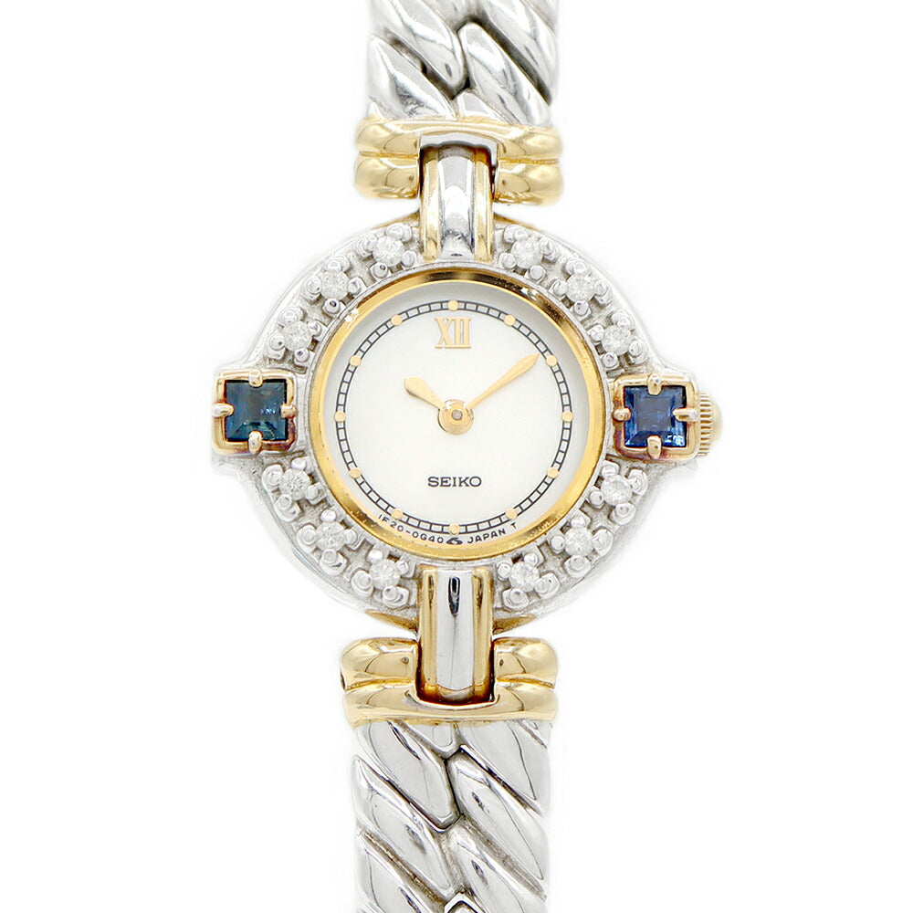 電池交換済 SEIKO セイコー エクセリーヌ 1F20-0B60 ダイヤモンド ダイヤベゼル サファイアベゼル 白 ホワイトシェル YGP イエローゴールド SS ステンレス コンビ レディース クォーツ【6ヶ月保証】【腕時計】【中古】