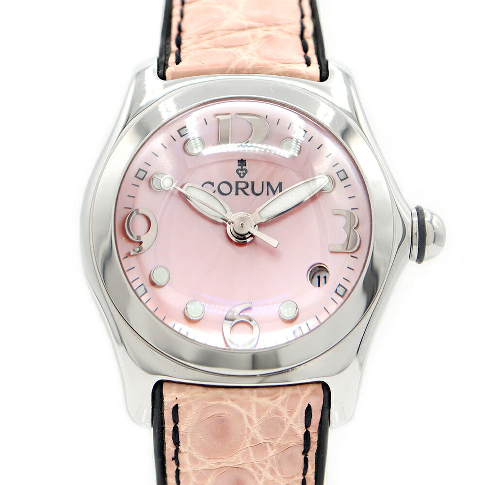 電池交換済 CORUM コルム バブル 39.150.20 デイト ピンクシェル SS ステンレス 純正ベルト 純正尾錠 レディース クォーツ【6ヶ月保証】【腕時計】【中古】