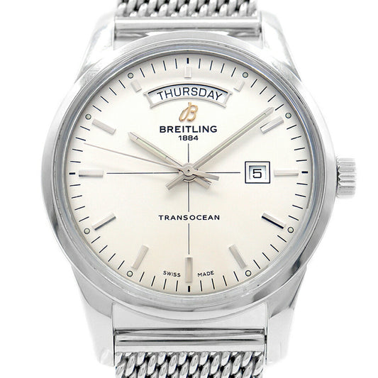 Internally inspected BREITLING Transocean Day & Date A45310 100m waterproof silver SS stainless steel men's automatic winding [6 months warranty] [watch] [used]