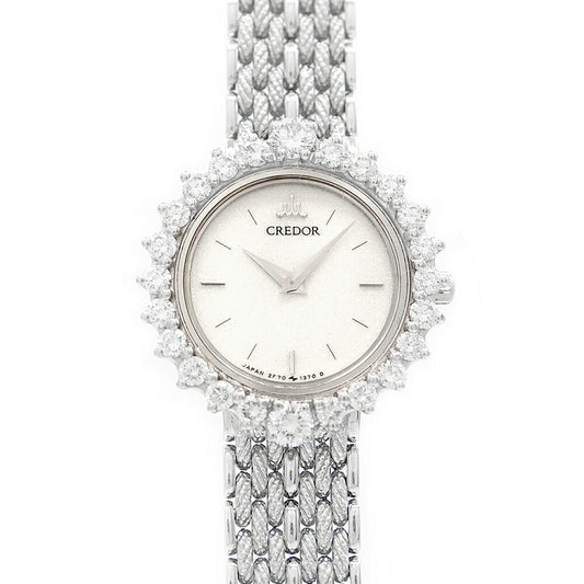 Battery replaced SEIKO Credor 2F70-0310-D Diamond Bezel Crown Diamond White White Silver K18WG White Gold Solid Gold Ladies Quartz [6 Month Warranty] [Watch] [Used]