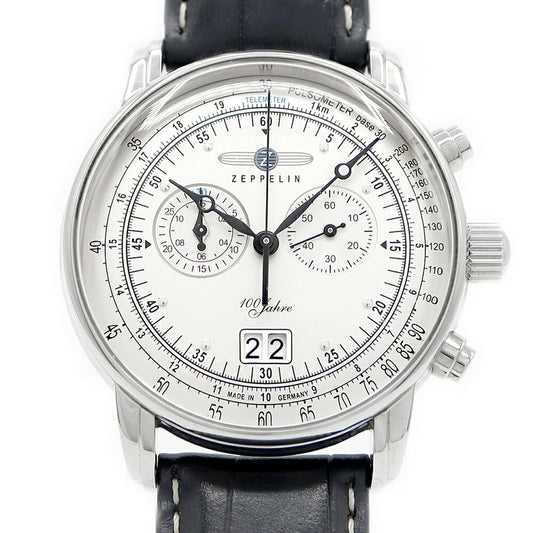 電池交換済 ZEPPELIN ツェッペリン 7690-1 ツェッペリン号誕生100周年記念モデル クロノグラフ デイト 50m防水 シルバー SS ステンレス 純正ベルト 純正尾錠 メンズ クォーツ【6ヶ月保証】【腕時計】【中古】
