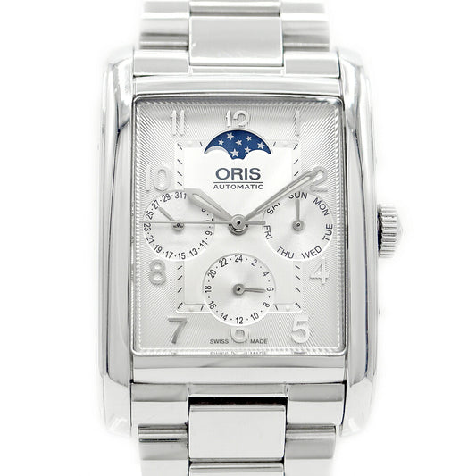 ORIS Rectangular Complication Moon Phase 01 582 7694 4061 Day Date 30m Water Resistant Small Second Slotted Back Silver SS Stainless Steel Men's Automatic Winding [6 Month Warranty] [Watch] [Used]