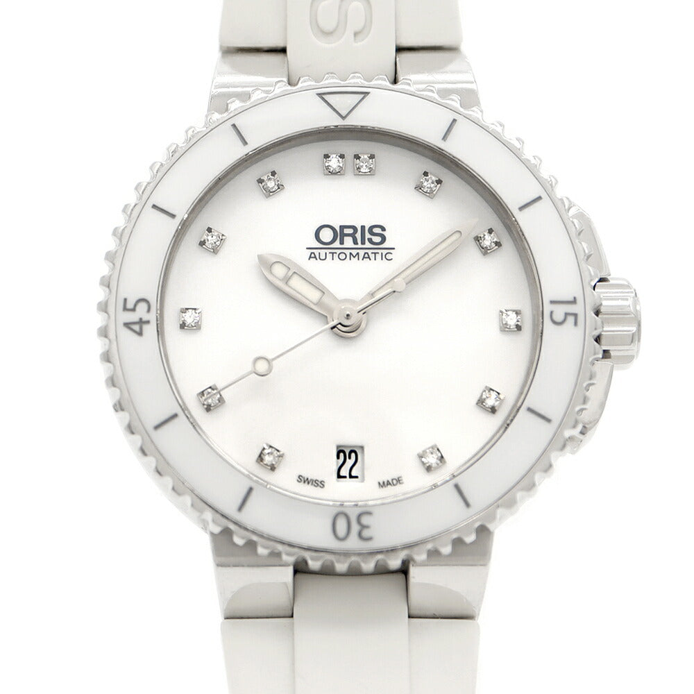 ORIS オリス アクイス デイト ダイヤモンド 01 733 7652 4191-07 418 3 12Pダイヤ 裏スケ 300m防水 白 ホワイト CE セラミック SS ステンレス 純正ベルト 純正尾錠 メンズ レディース 自動巻き【6ヶ月保証】【腕時計】【中古】