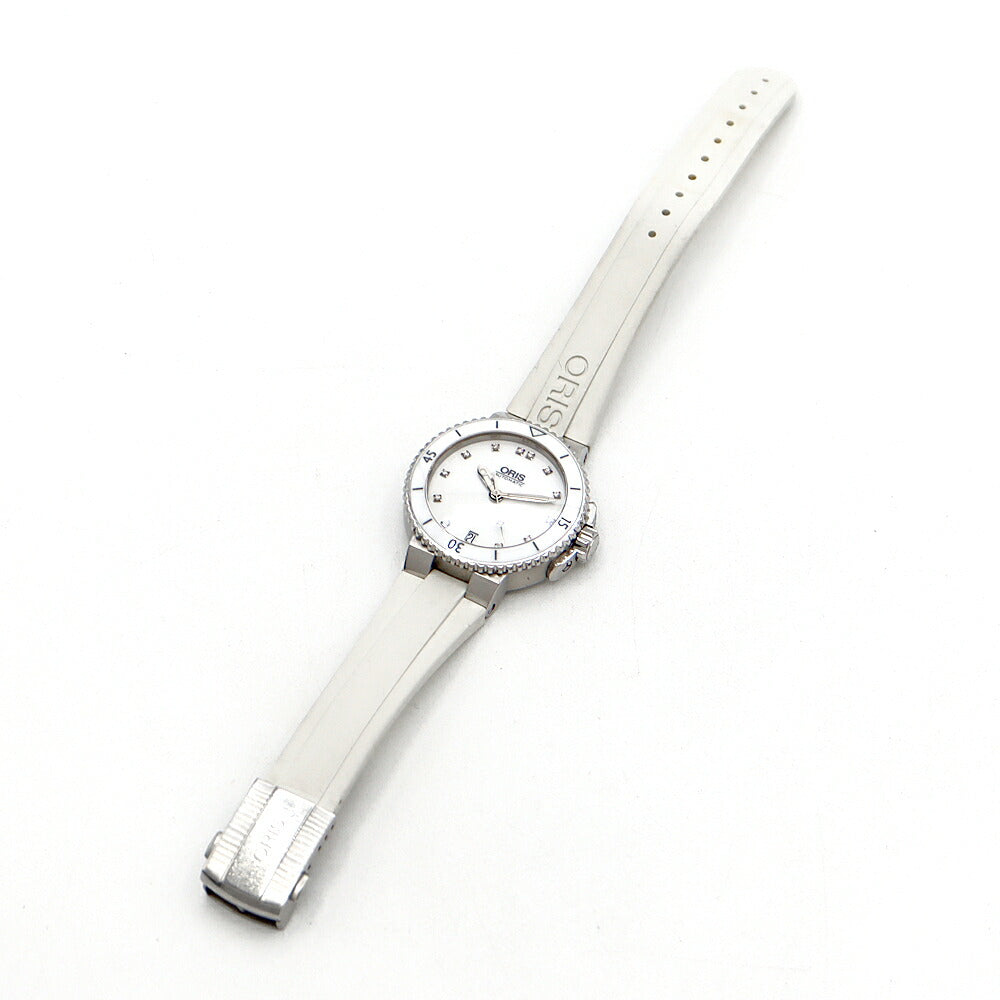 ORIS オリス アクイス デイト ダイヤモンド 01 733 7652 4191-07 418 3 12Pダイヤ 裏スケ 300m防水 白 ホワイト CE セラミック SS ステンレス 純正ベルト 純正尾錠 メンズ レディース 自動巻き【6ヶ月保証】【腕時計】【中古】