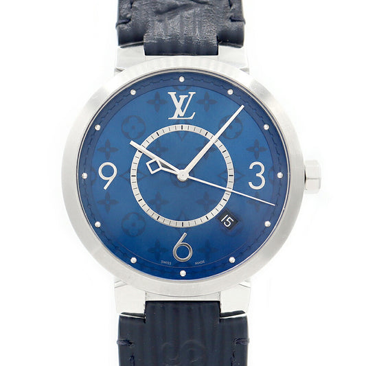 電池交換済 LOUIS VUITTON ルイヴィトン タンブール スリム モノグラム QA150 デイト 50m防水 ブルー SS ステンレス 純正ベルト 純正尾錠 メンズ クォーツ【6ヶ月保証】【腕時計】【中古】
