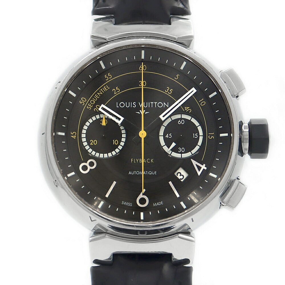 LOUIS VUITTON ルイヴィトン タンブール フライバッククロノグラフ ヴォレ2 世界888本限定 Q102B デイト 100m防水 黒 ブラック SS ステンレス 純正ベルト 純正尾錠 メンズ 自動巻き【6ヶ月保証】【腕時計】【中古】