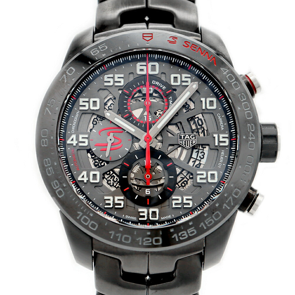 内部点検済 TAG Heuer タグホイヤー カレラ キャリバー ホイヤー01 アイルトンセナ CAR2A1L BA0688 クロノグラフ 100m防水 デイト 裏スケ 黒 ブラック スケルトン SS ステンレス CE セラミック メンズ 自動巻き【6ヶ月保証】【腕時計】【中古】