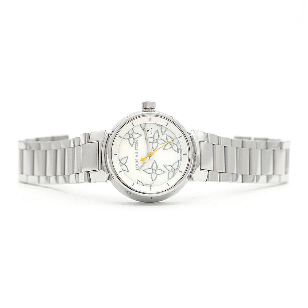 電池交換済 LOUIS VUITTON ルイヴィトン タンブール Q121C デイト 白 ホワイトシェル SS ステンレス レディース クォーツ【6ヶ月保証】【腕時計】【中古】