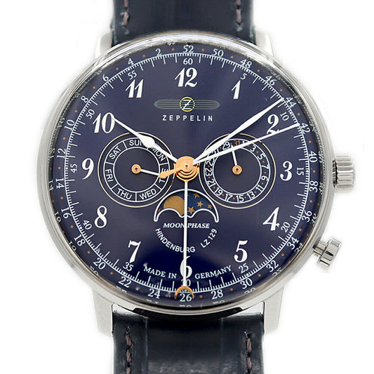 電池交換済 ZEPPELIN ヒンデンブルグ LZ129 7036-3 ムーンフェイズ デイデイト 30m防水 ネイビー SS ステンレス メンズ クォーツ【6ヶ月保証】【腕時計】【中古】