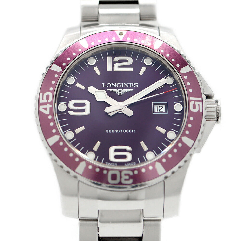 電池交換済 LONGINES ロンジン ハイドロコンクエスト L3.640.4 デイト 300m防水 紫 パープル SS ステンレス メンズ クォーツ【6ヶ月保証】【腕時計】【中古】