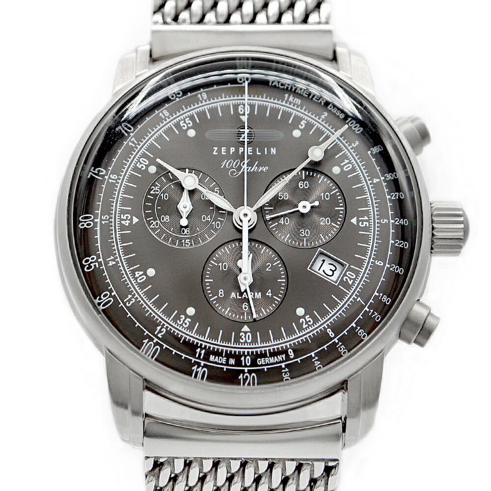 電池交換済 ZEPPELIN ツェッペリン 7680-2 100周年記念モデル クロノグラフ デイト 50m防水 グレー SS ステンレス メンズ クォーツ【6ヶ月保証】【腕時計】【中古】