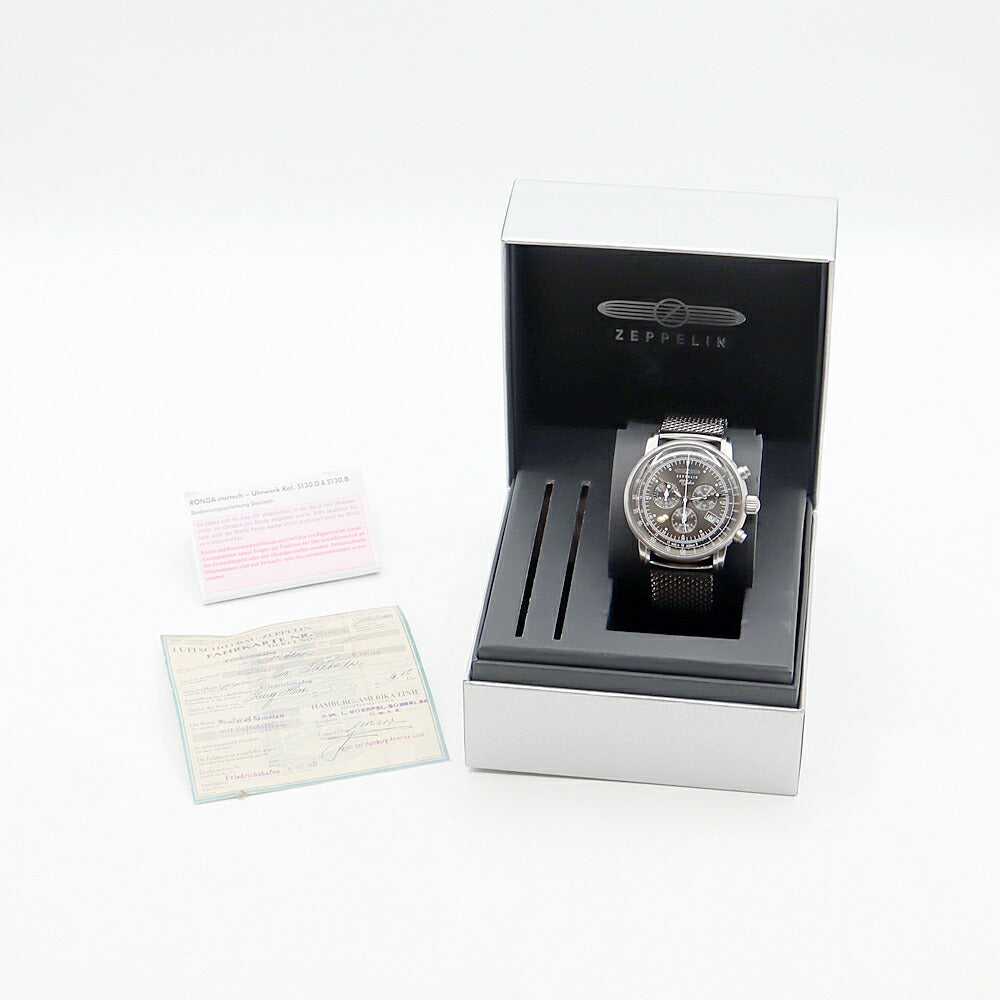 電池交換済 ZEPPELIN ツェッペリン 7680-2 100周年記念モデル クロノグラフ デイト 50m防水 グレー SS ステンレス メンズ クォーツ【6ヶ月保証】【腕時計】【中古】