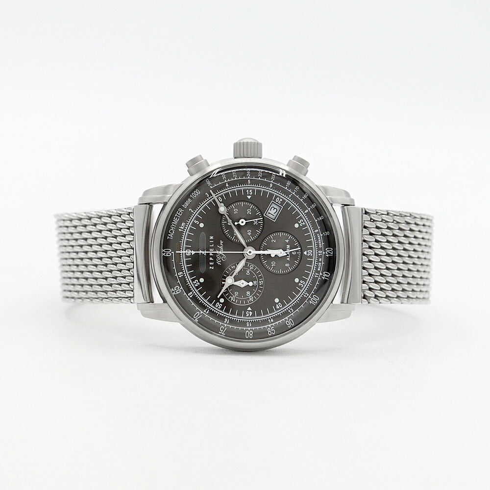 電池交換済 ZEPPELIN ツェッペリン 7680-2 100周年記念モデル クロノグラフ デイト 50m防水 グレー SS ステンレス メンズ クォーツ【6ヶ月保証】【腕時計】【中古】